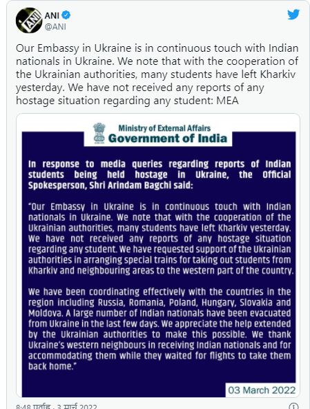 No Indian student held hostage in Ukraine says MEA