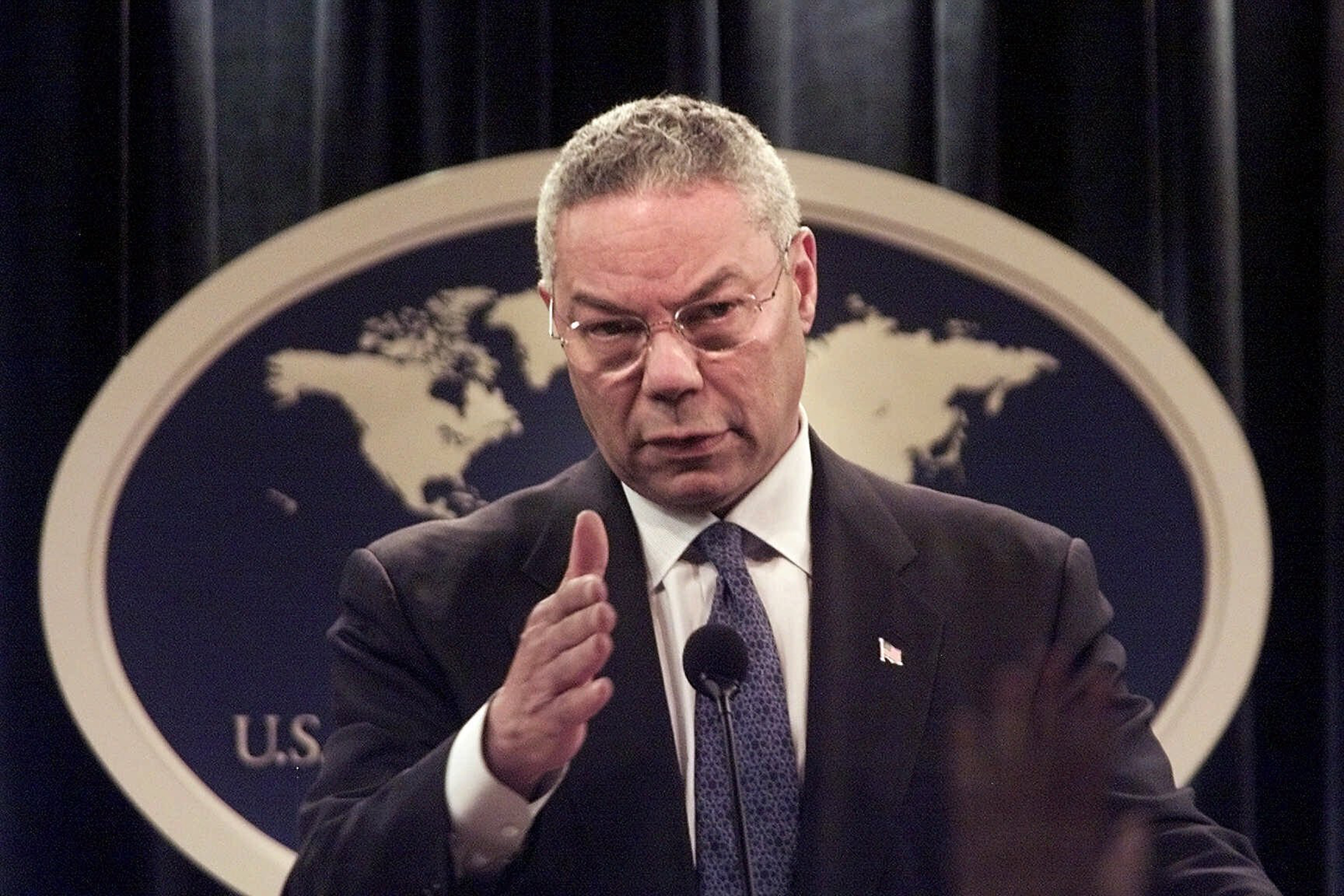 In this Monday, Sept. 17, 2001 file photo, Secretary of State Colin Powell speaks during a news conference at the State Department in Washington, discussing the diplomatic aspects of the previous week's terrorist attacks.