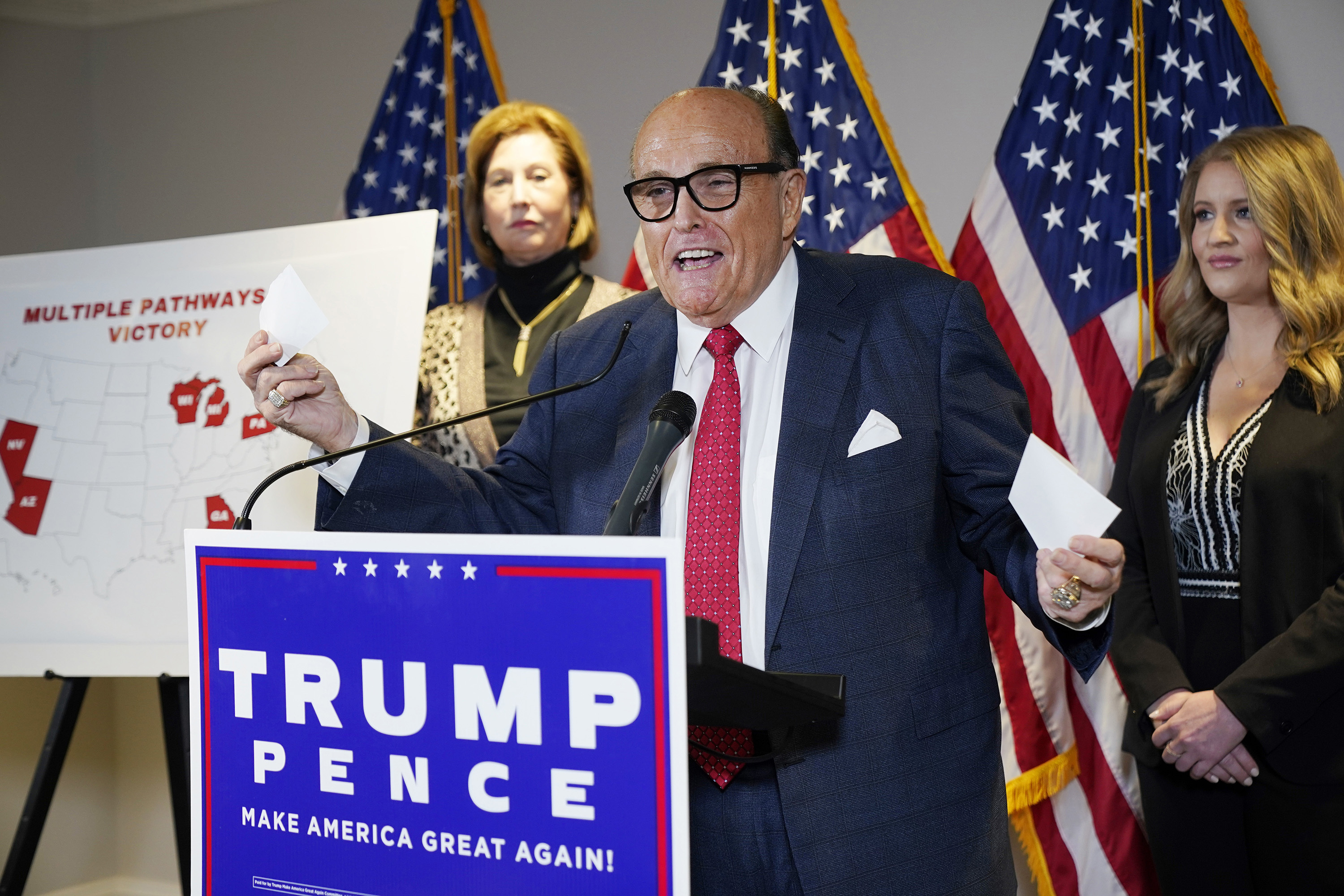 In this Nov. 19, 2020 file photo, former Mayor of New York Rudy Giuliani, a lawyer for President Donald Trump, speaks during a news conference at the Republican National Committee headquarters in Washington.