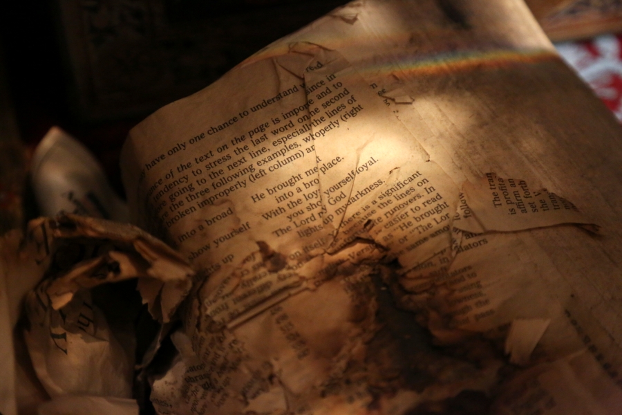 A charred Bible recovered from the original St. Nicholas Greek Orthodox Church, destroyed in the Sept. 11, 2001 attacks, is preserved at the Greek Orthodox Archdiocese of America in New York on Wednesday, Aug. 18, 2021.