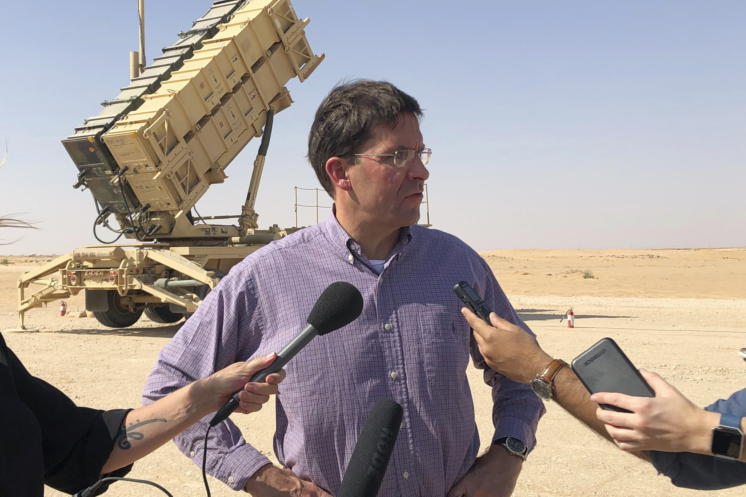 EX-U.S. Defense Secretary Mark Esper talks to reporters at Prince Sultan Air Base in Saudi Arabia. The U.S. has removed its most advanced missile defense system and Patriot batteries from Saudi Arabia's Prince Sultan Air Base in recent weeks, even as the kingdom faced continued air attacks from Yemen's Houthi rebels, satellite photos analyzed by The Associated Press show.