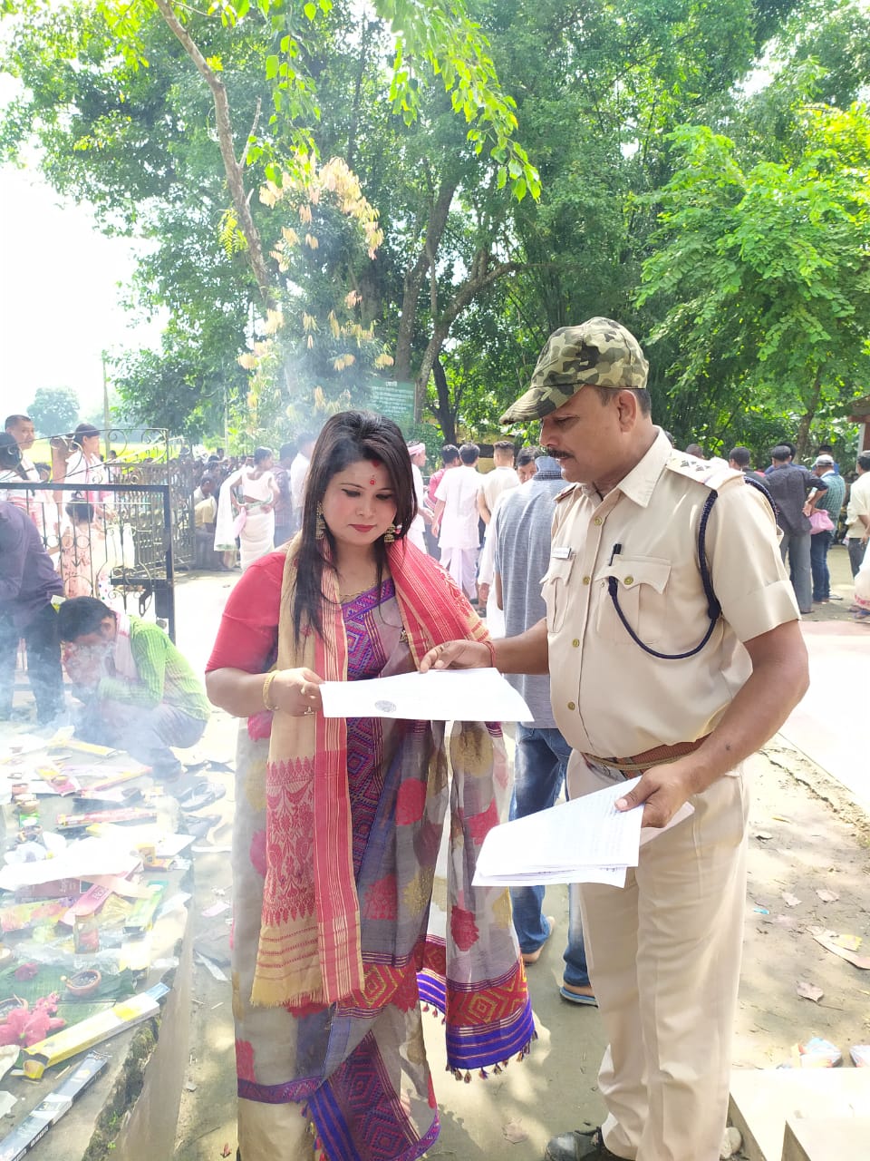 A police officer take special step during Puja