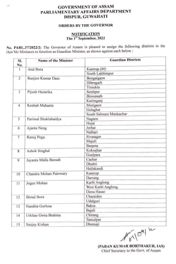 New list of Assam guardian ministers