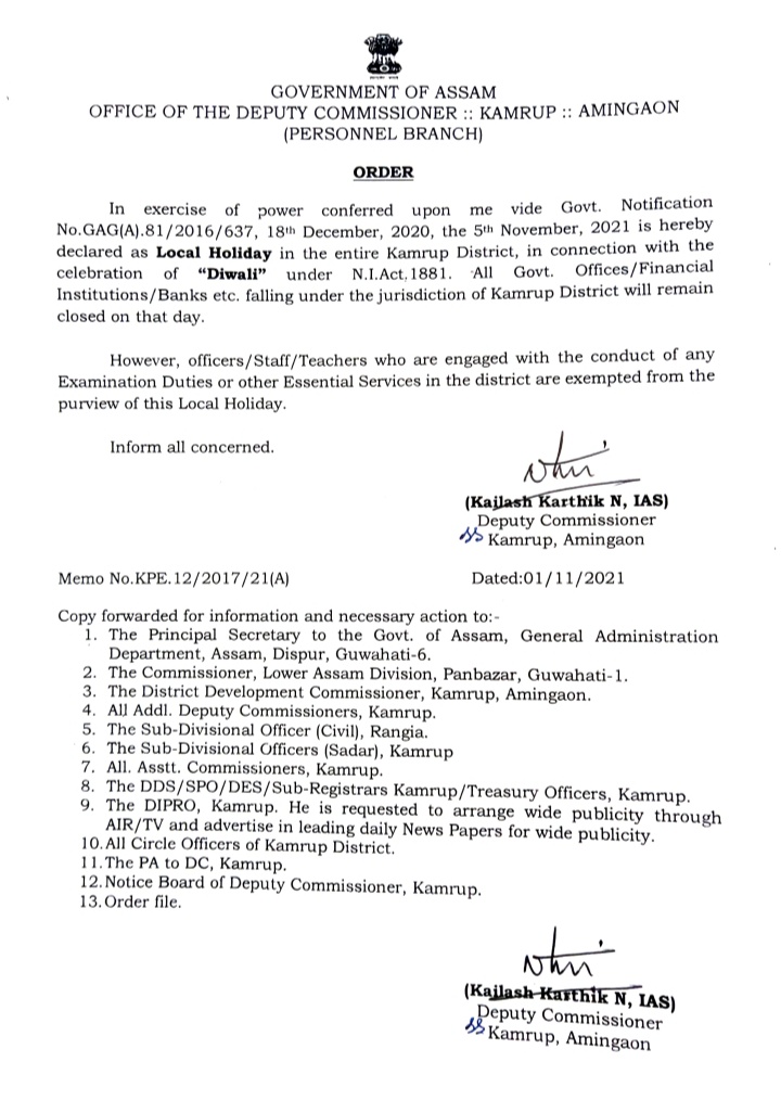 Assam Govt declares holiday on Nov 5 for Deepawali
