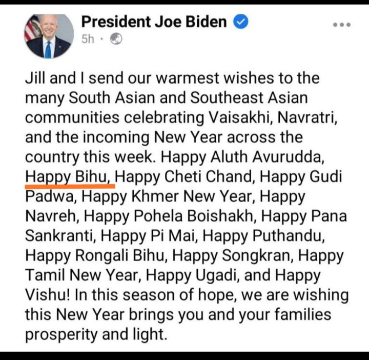 US president joe biden wishes rangali Bihu