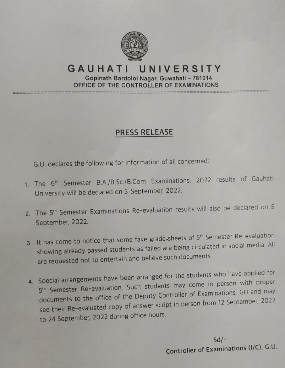 Gauhati University to declare results of BA