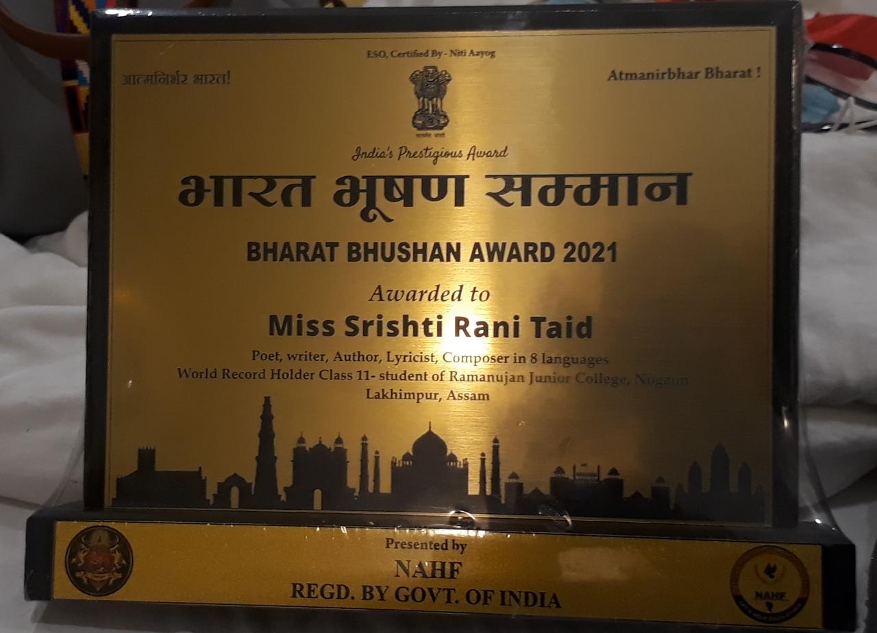 Bharat Bhushan Award to sristi rani taid