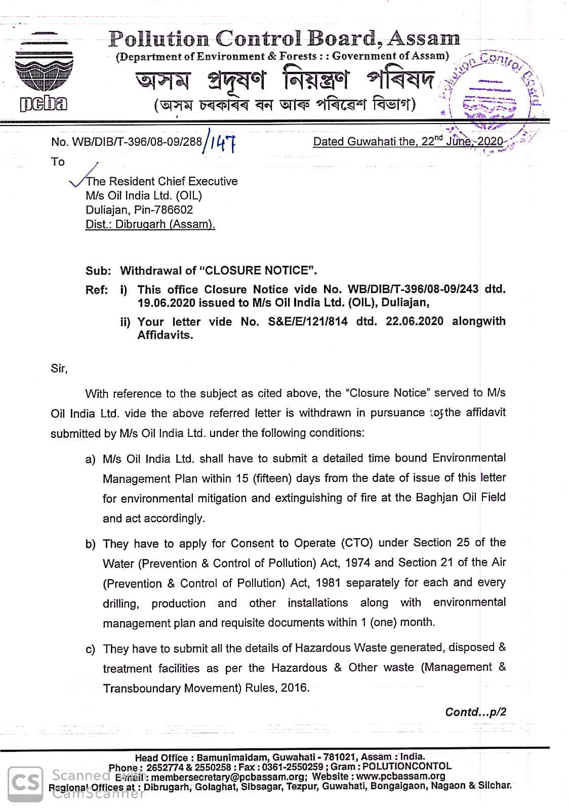 Baghjan OIL Field Withdrawal Closer Notice