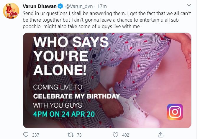 varun dhwan invites fan on virtual birthday celebrataion