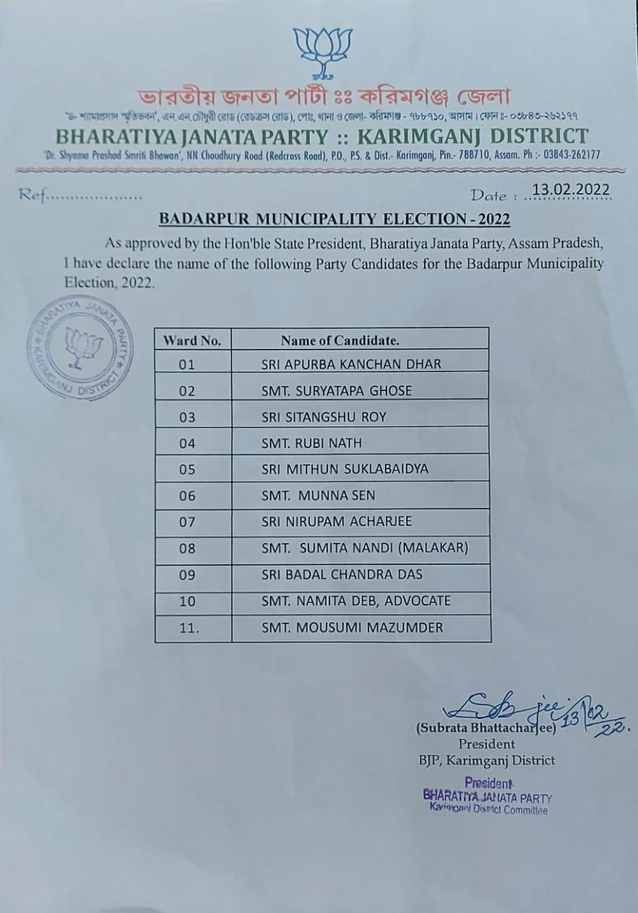 Declaration of Municipal Candidate List by BJP