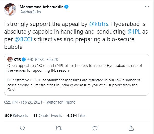 Azharuddin bats for holding IPL matches in Hyd; Supports ktr's appeal to BCCI