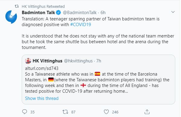 Former top 10 player HK Vittinghus of Denmark tweeted.