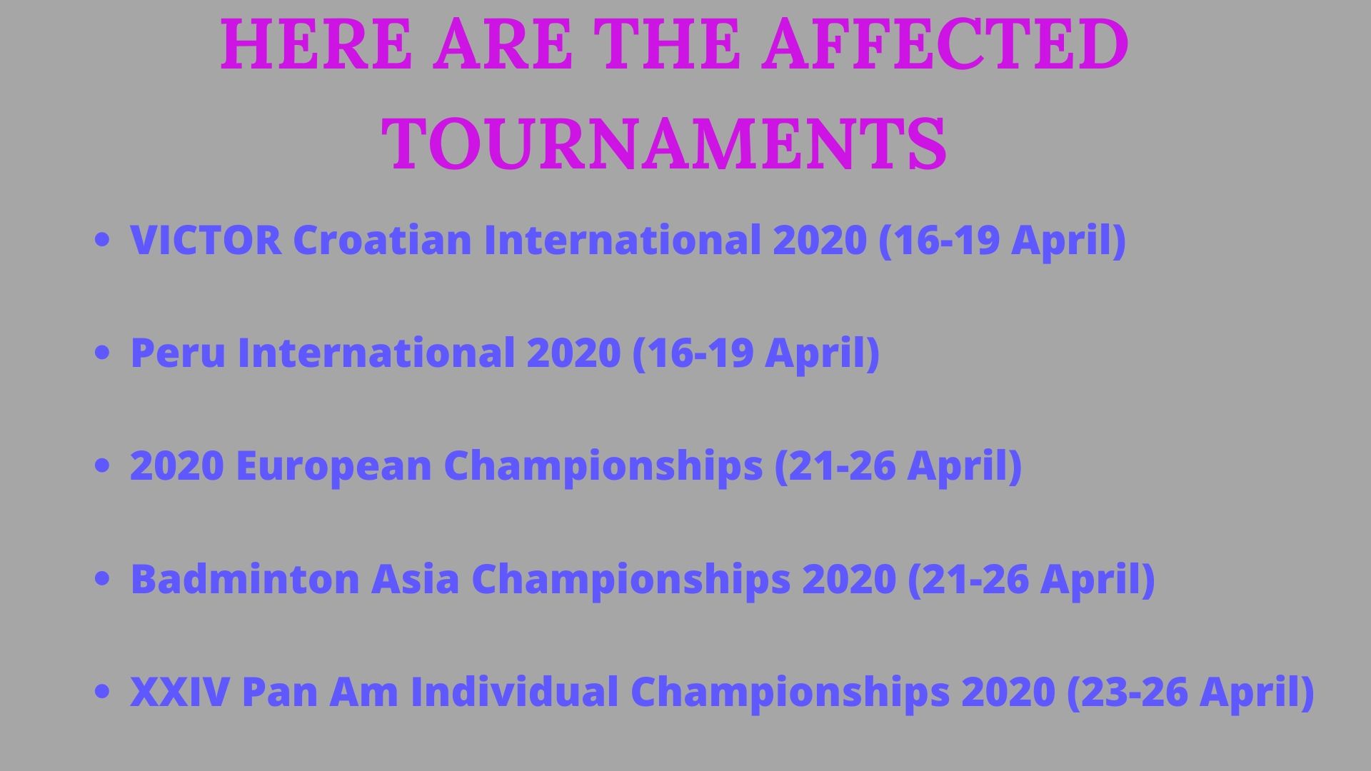 Here are tournaments which have been affected by BWF's decision in the wake of COVID-19 pandemic.