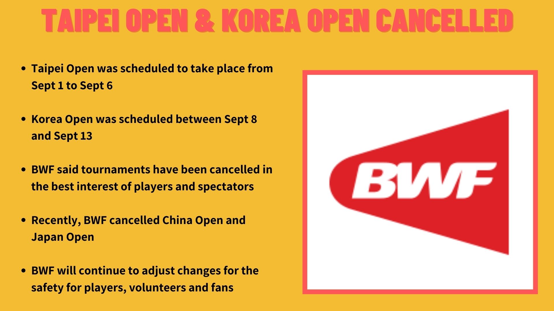 BWF cancelled Taipei Open and Korea Open.