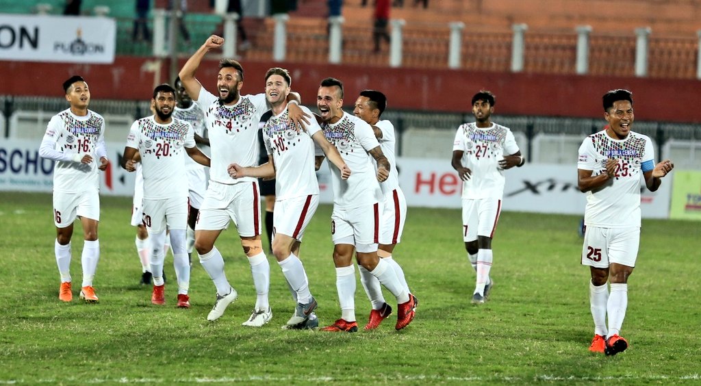 Jubilant Mohun Bagan team after win against TRAU FC on March 1.