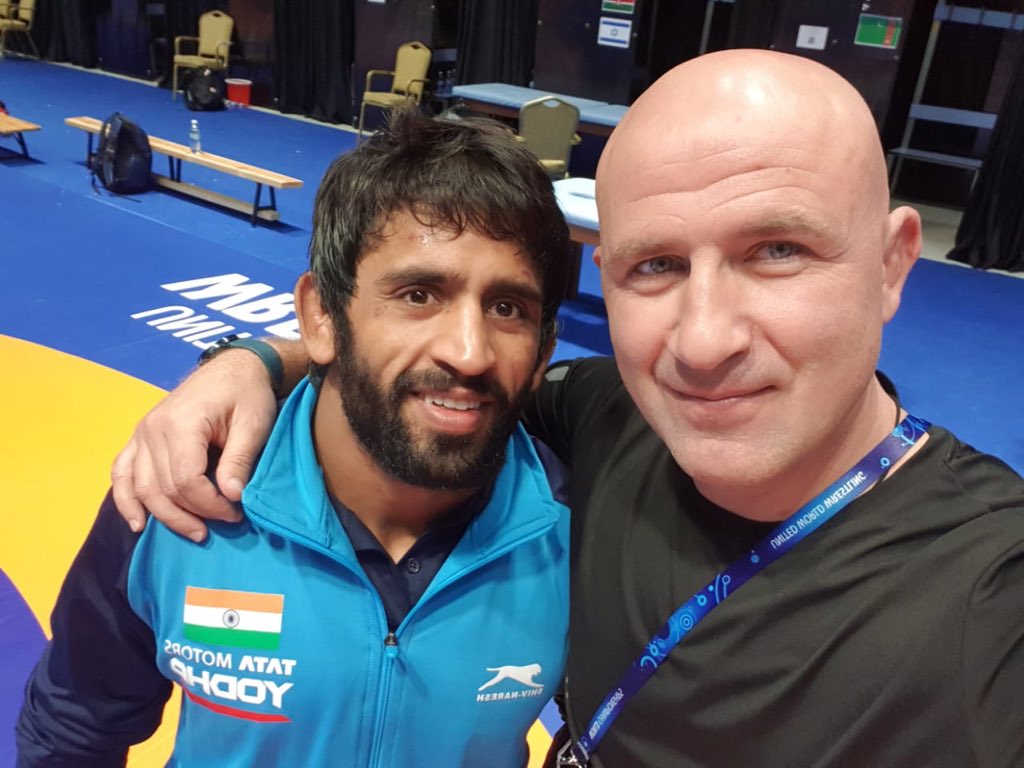 Bajrang Punia with coach Shako Bentinidis.