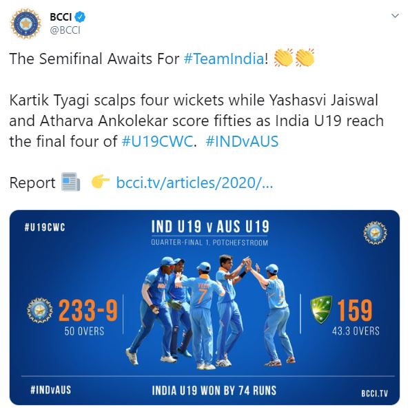 India beat Australia by 74 runs in ICC U-19 World Cup quarter-final