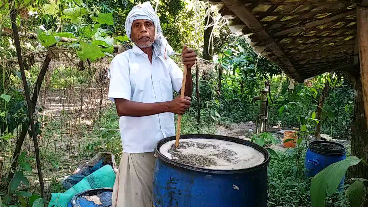 जीवामृत बनाते धनराज केवट