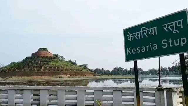 Buddhist Stupa surrounded by flood water in Motihari