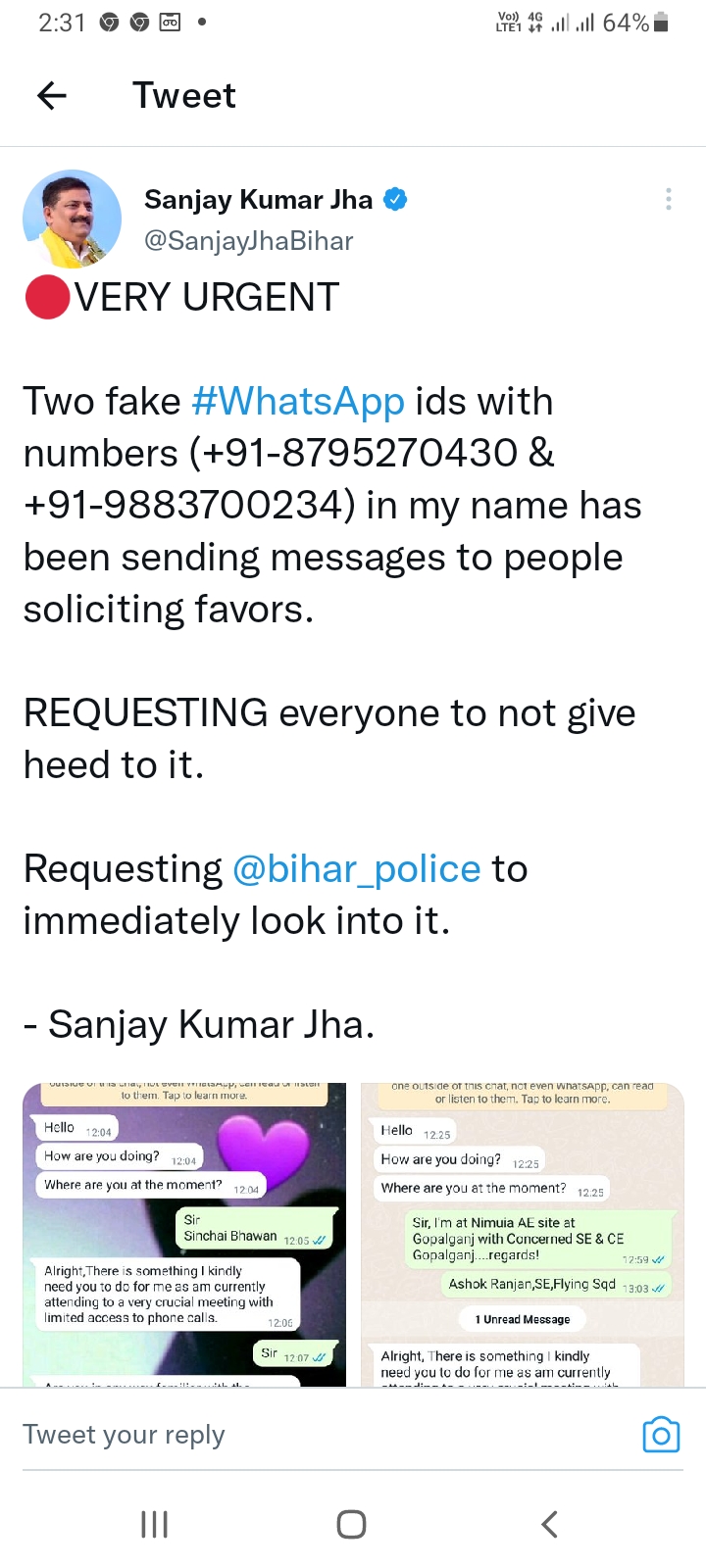 fake WhatsApp account of Minister Sanjay Jha