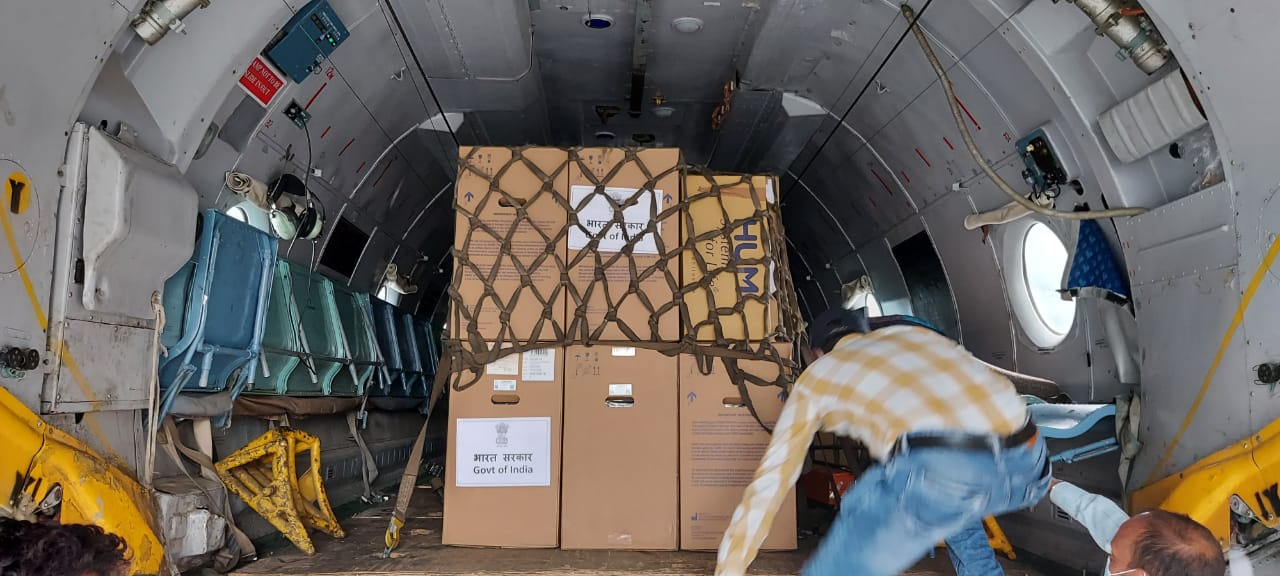 Medical equipment arrived by special Air Force aircraft at Patna Airport on Thursday