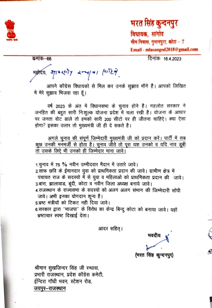Bharat Singh letter to Randhawa