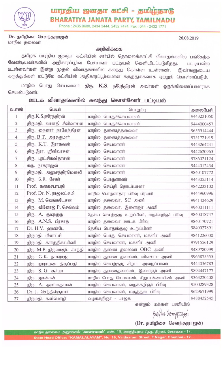 tn bjp spokes person list