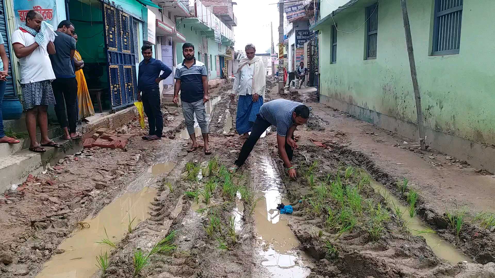 सड़क पर धान रोपते स्थानीय