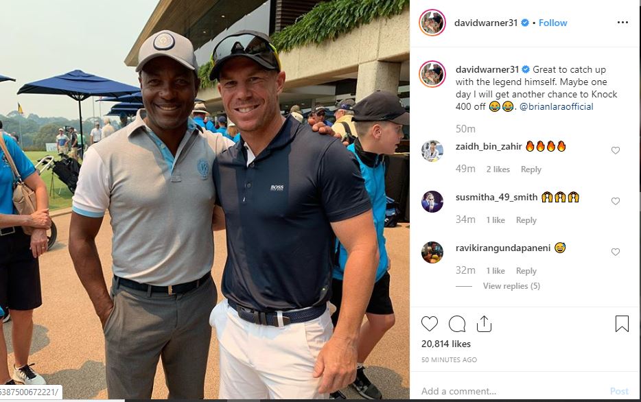 David Warner shares a picture of him with Brian Lara on  Instagram.