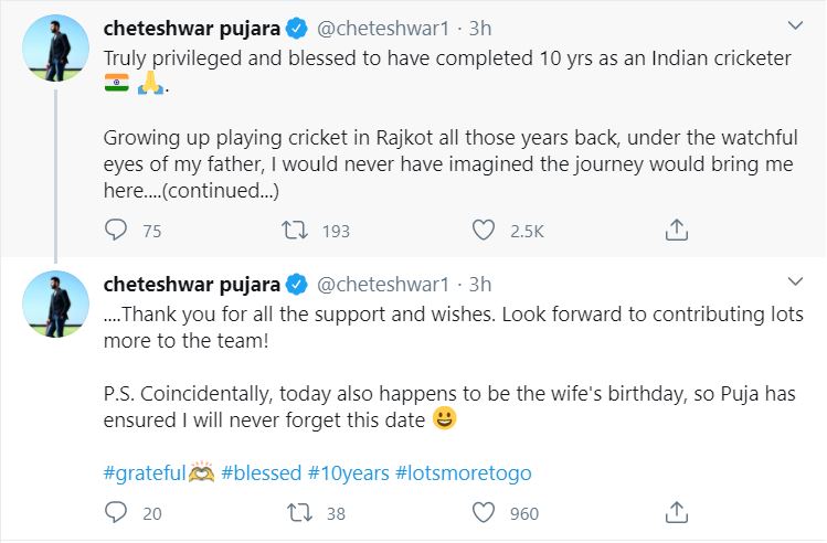 Pujara thanks fans for love and support on completing 10 Years in international cricket