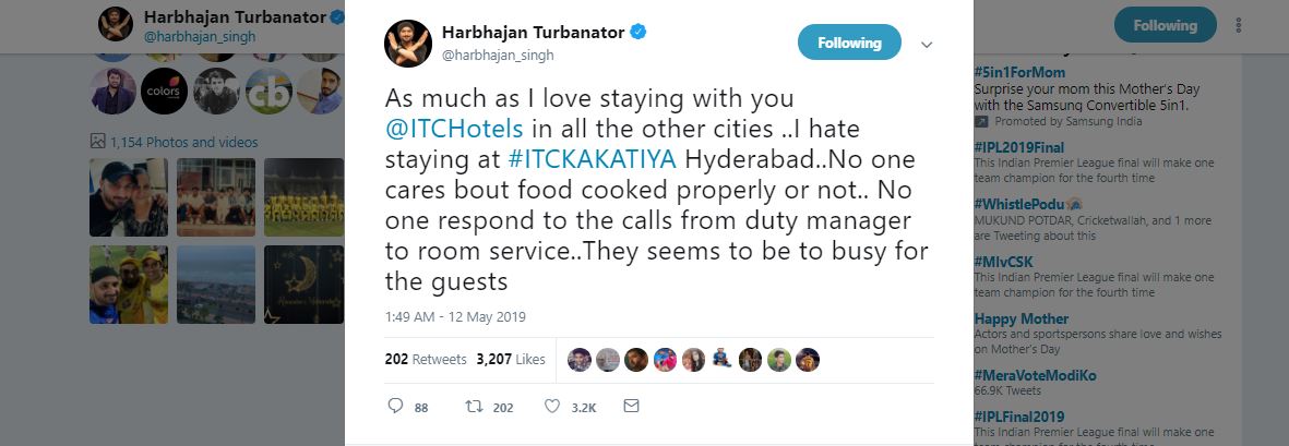 CSK, star Harbhajan, upset,hyderabad, hotel staff