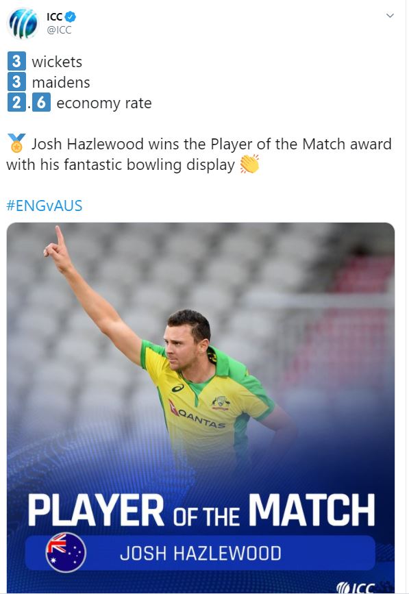 Josh Hazlewood as man of the match