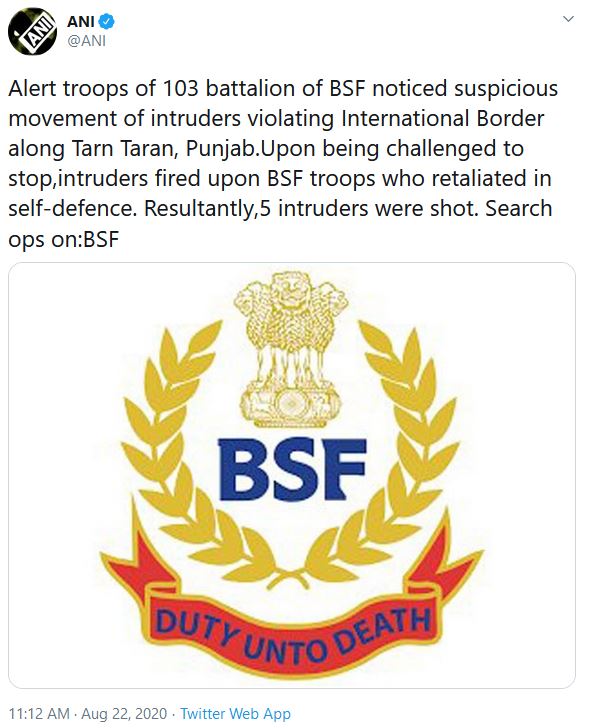 bsf action against five intruders