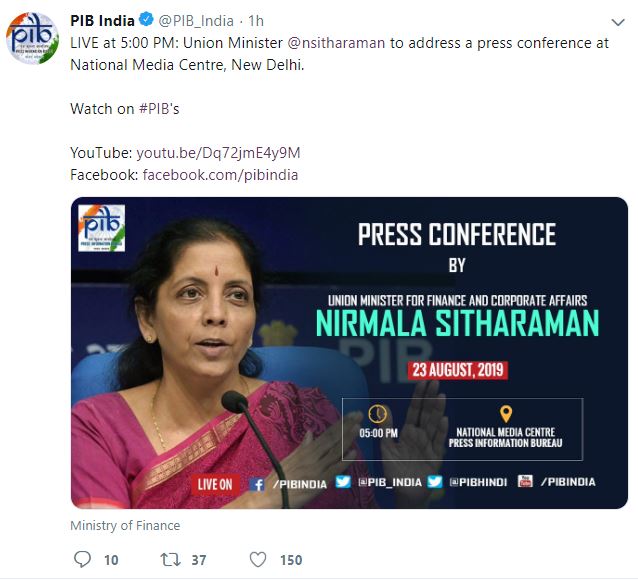 Finance Minister Nirmala Sitharaman to address a press conference at 5 pm today in New Delhi.