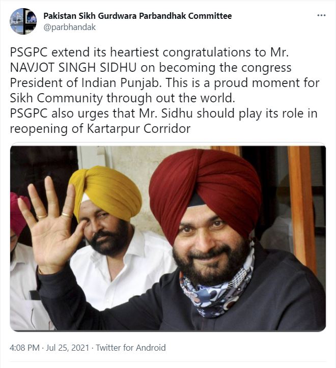 PSGPC extend greets to Navjot Singh Sidhu