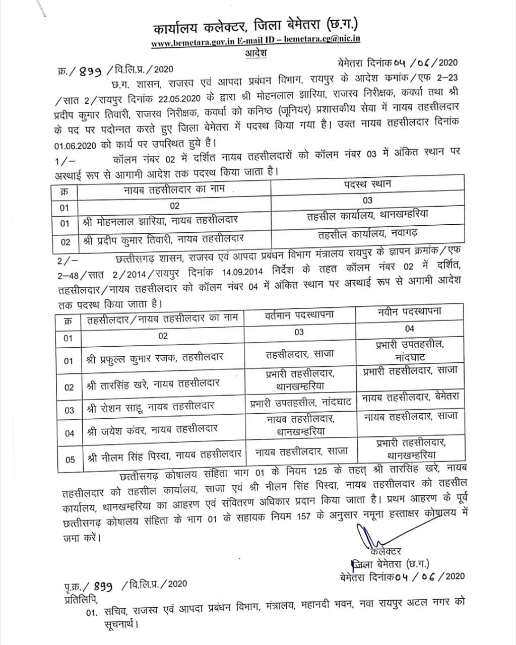 Nayab tehsildar and tehsildar posted in the blocks have been transferred in bemetara