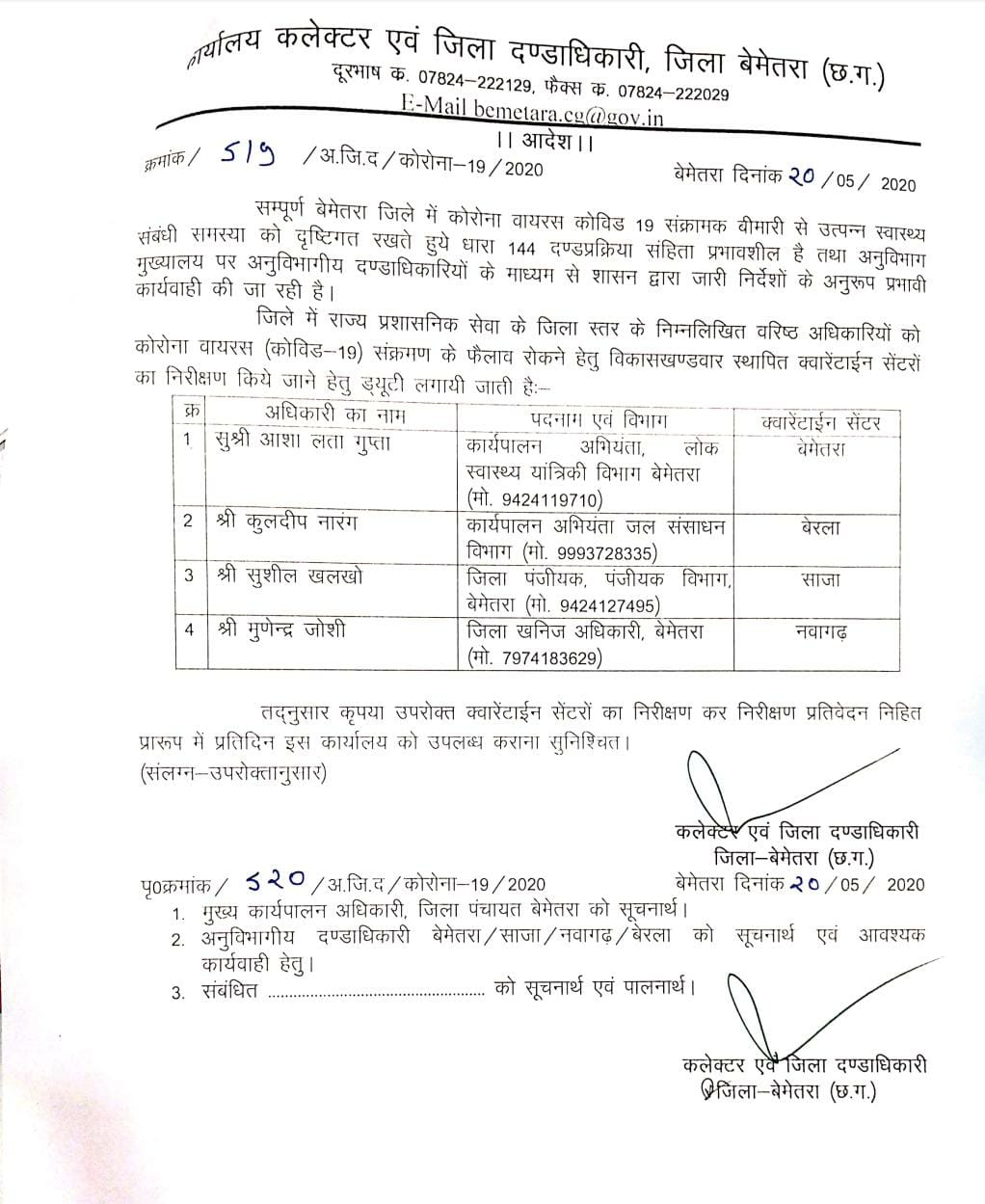 quarantine centers in bemetara