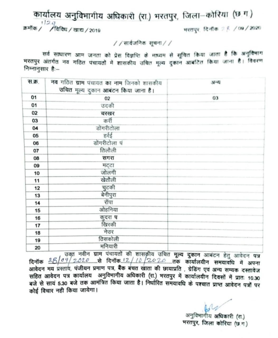 Application for PDS shops in Bharatpur koriya