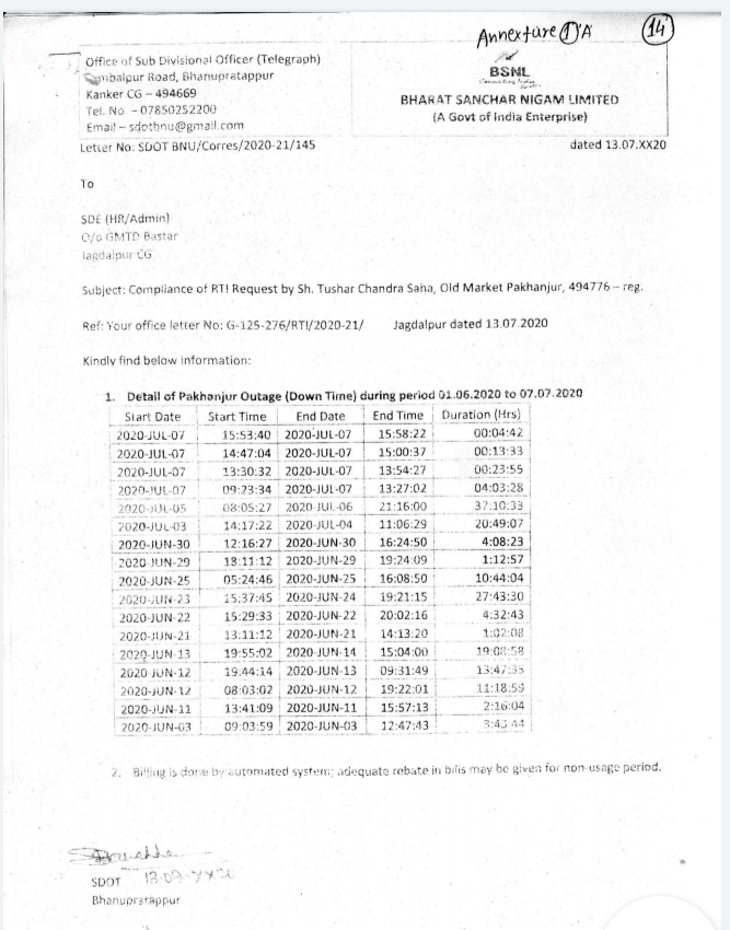 a man questioned under RTI Act for bsnl poor network problem in kanker