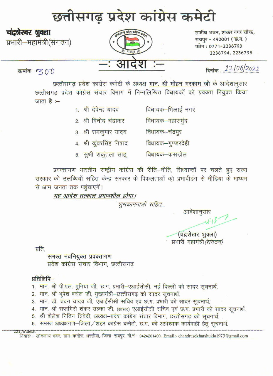 Five Congress MLA got responsibility of spokesperson in raipur