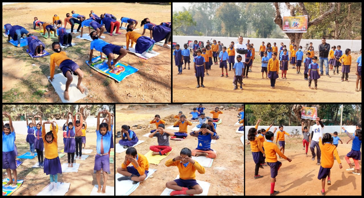 Yoga taught to children at Pampapur School under Fit India program in surajpur