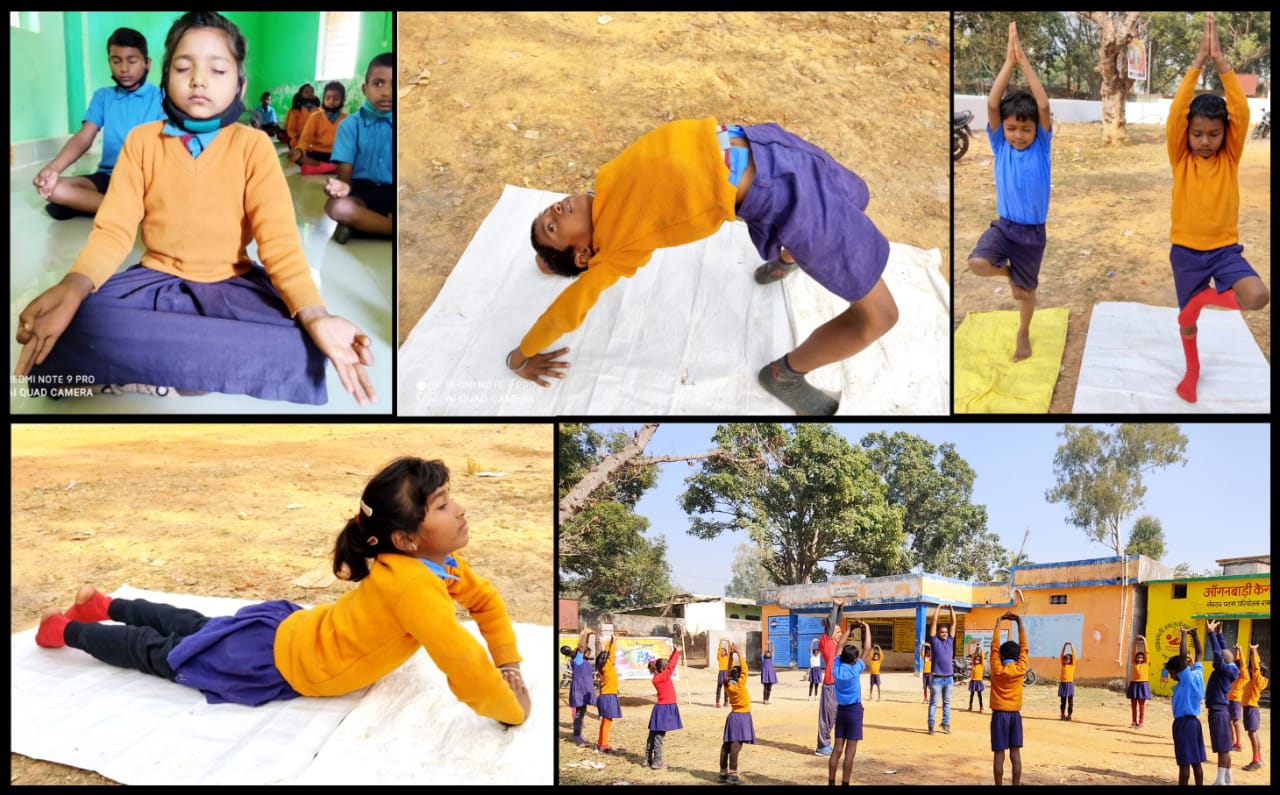 Yoga taught to children at Pampapur School under Fit India program in surajpur