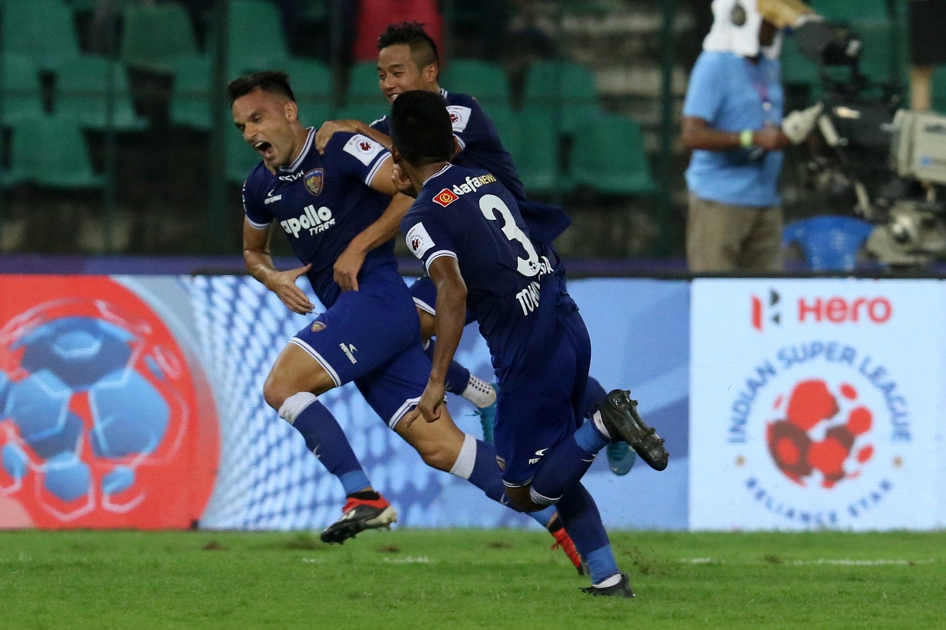 Nerijus Valskis celebrates after sealing a sensational win over Hyderabad FC.