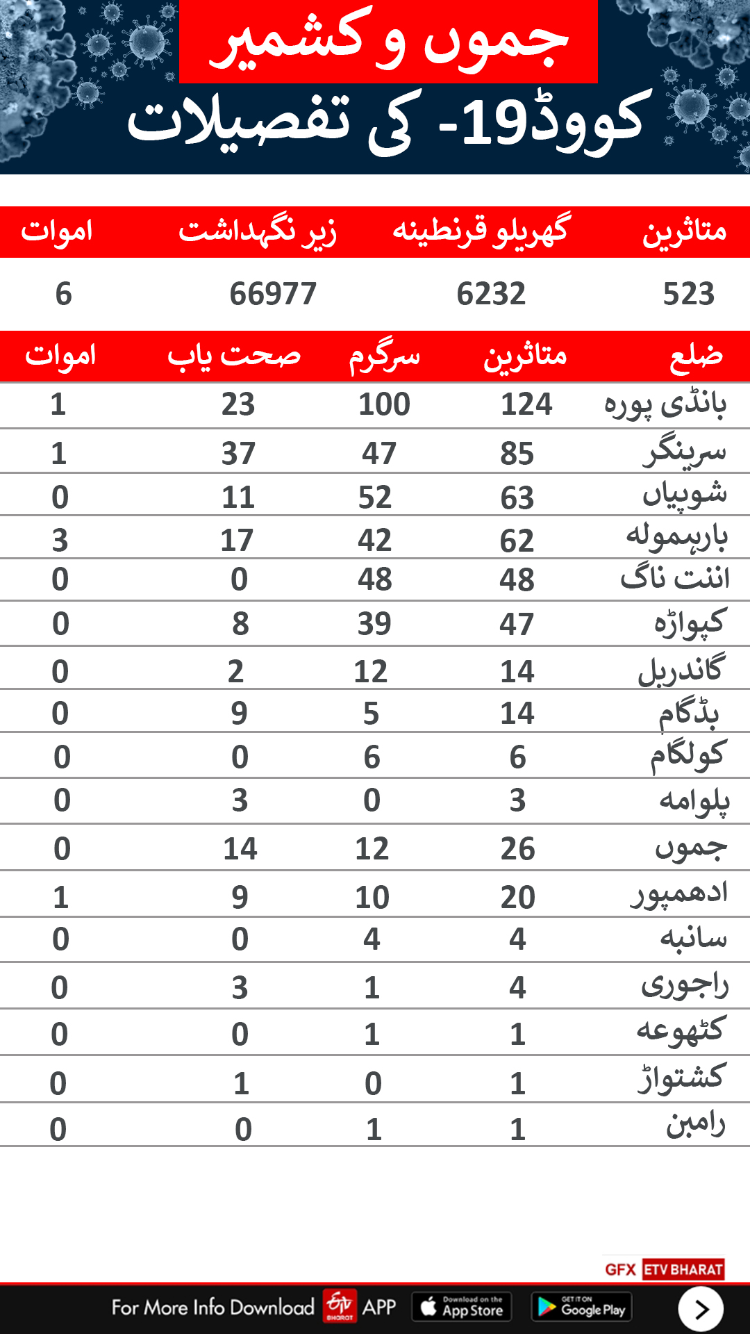 ضلع وار کووڈ-19 متاثرین کی تعداد