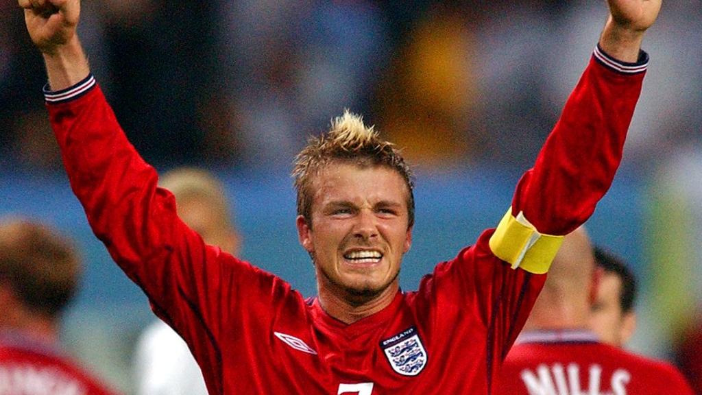 Beckham after scoring against Argentina in 2002 WC