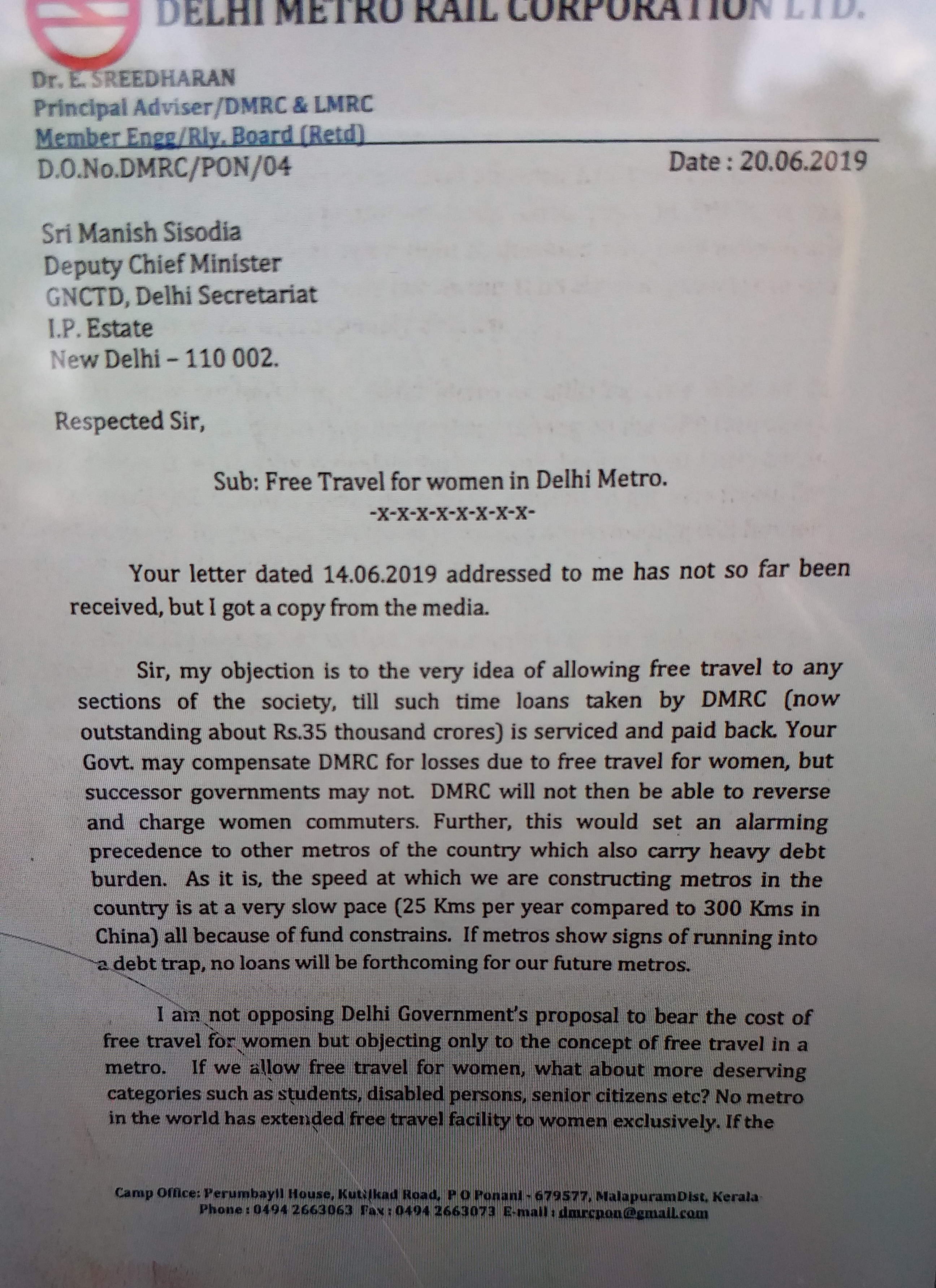 Metro man shreedharan wrote letter to manish sisodia over free travel scheme