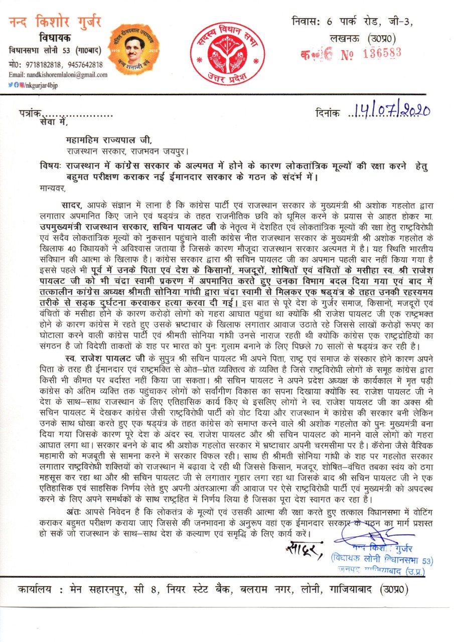 Letter written to the Governor of Rajasthan