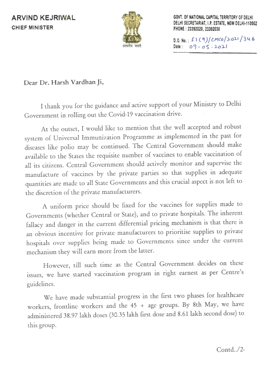 Delhi CM Arvind kejriwal writes letter to  central health minister harshvardhan on covid vaccination