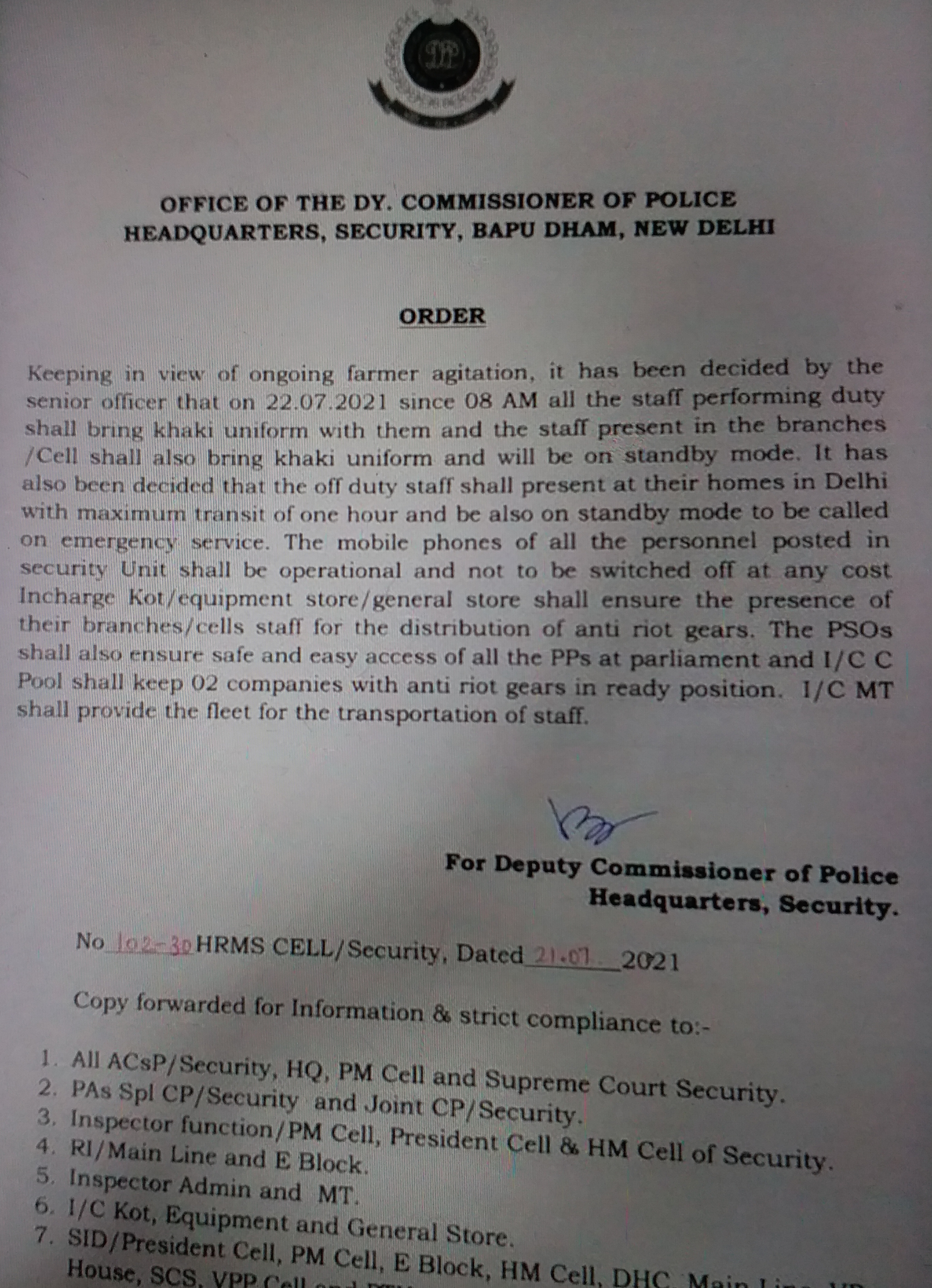 Delhi DCP direction for farmer protests at Jantar Mantar