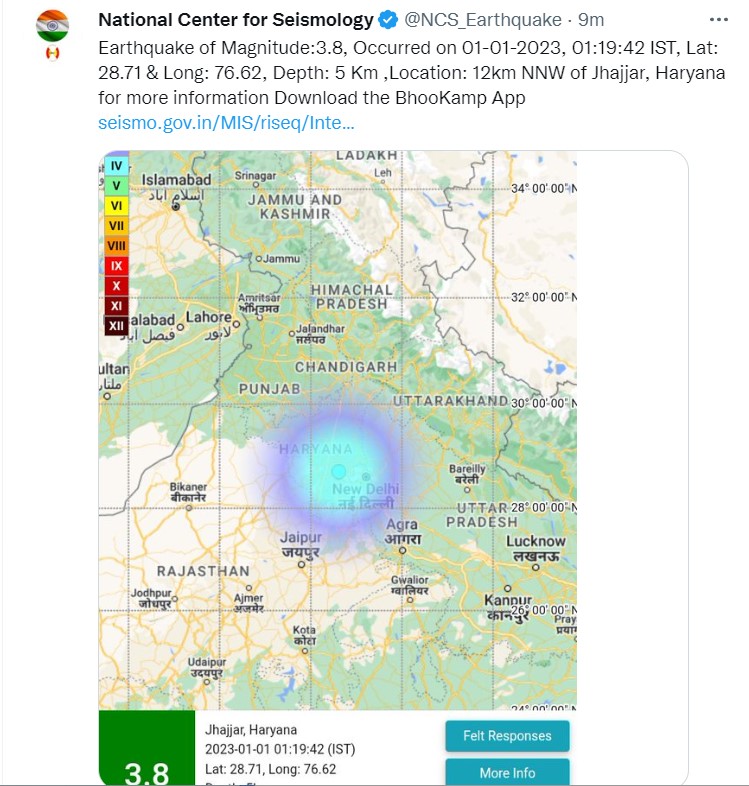 Mild tremors of earthquake in Delhi